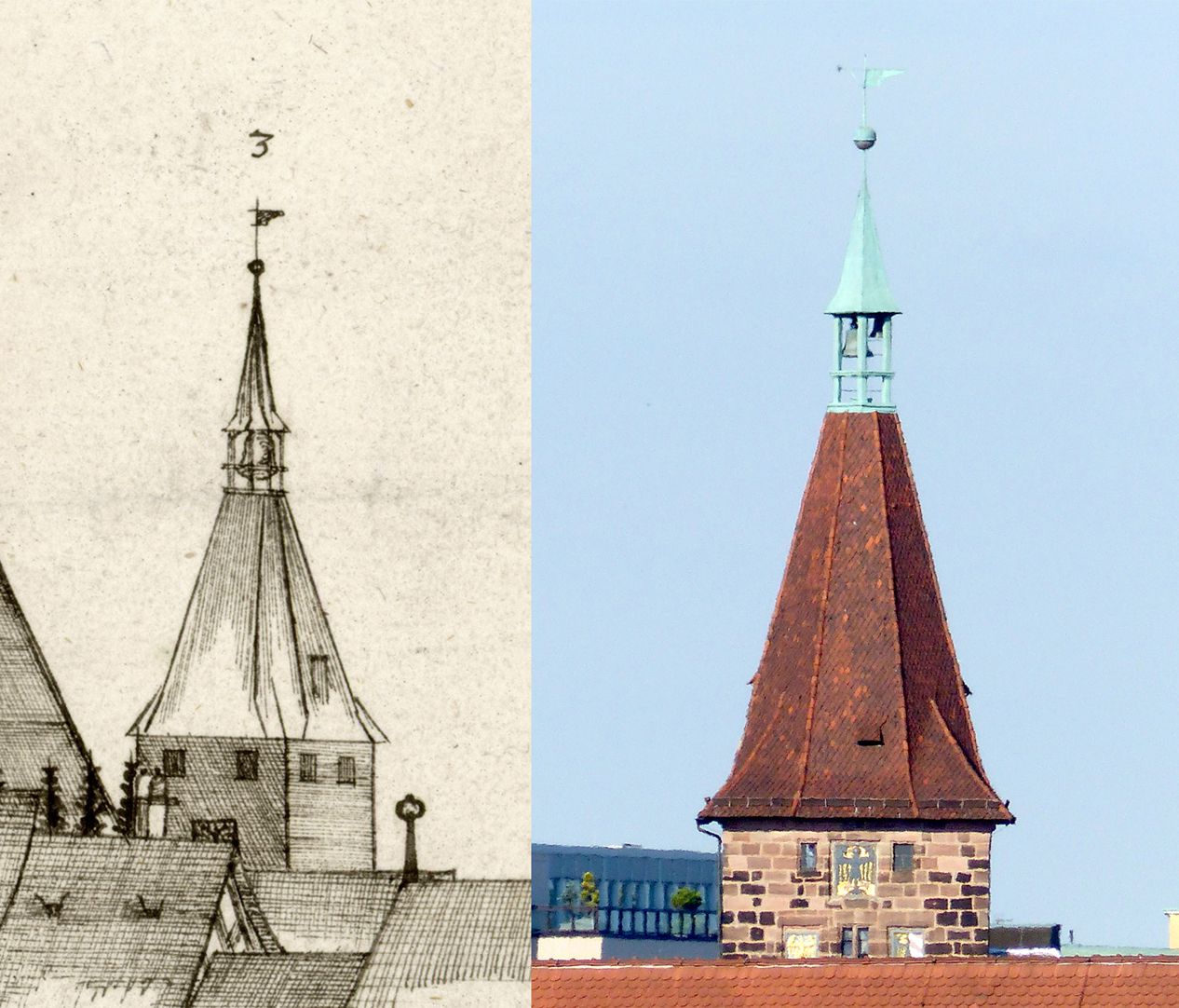 Panoramadarstellung der Stadt Nürnberg von Westen Gegenüberstellung Detail Laufer Schlagturm und heutiger Zustand