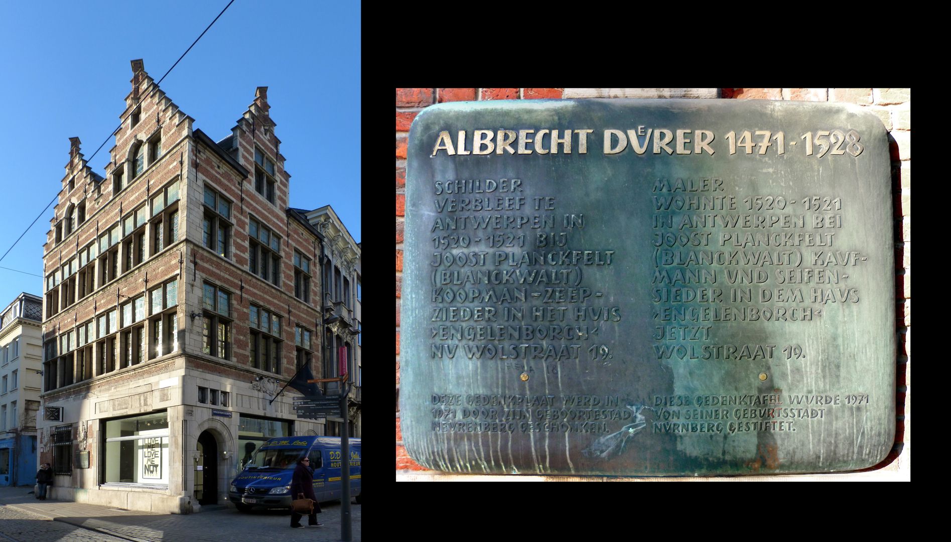 Gedenktafel für Dürer Wohnstätte in Antwerpen (1520-21) Haus Engelenborch und Gedenktafel