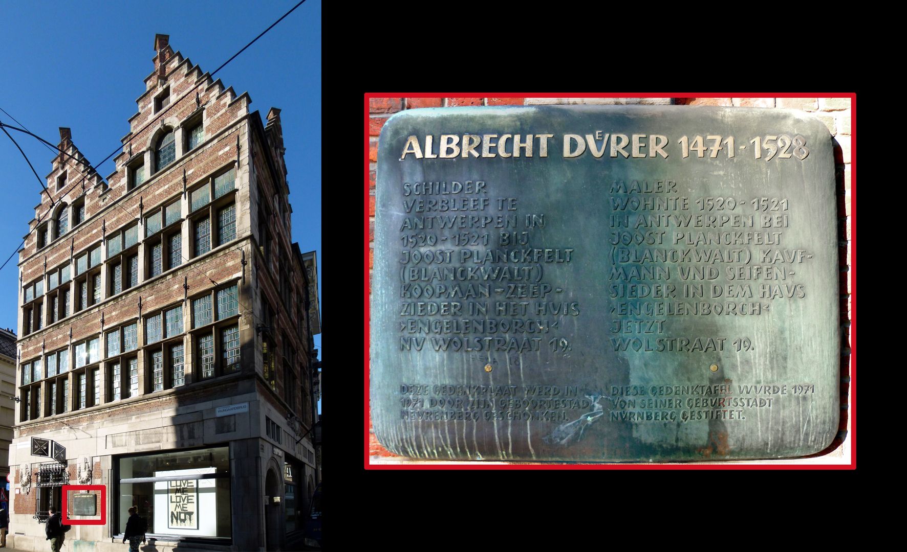 Gedenktafel für Dürer Wohnstätte in Antwerpen (1520-21) Anbringungsort der Gedenktafel