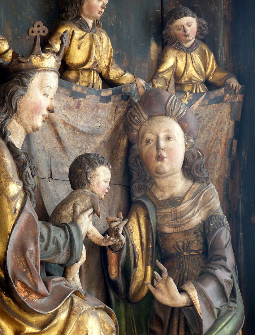 Katharinenaltar in St. Egidien Maria, das Jesukind und Katharina vor einem von Engeln gethaltenen Vorhang