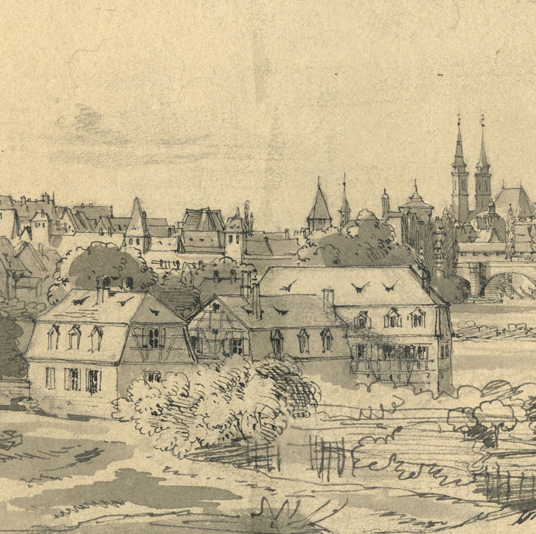 Nürnberg Stadtpanorama Detailansicht, hinten rechts die Sebalduskirche