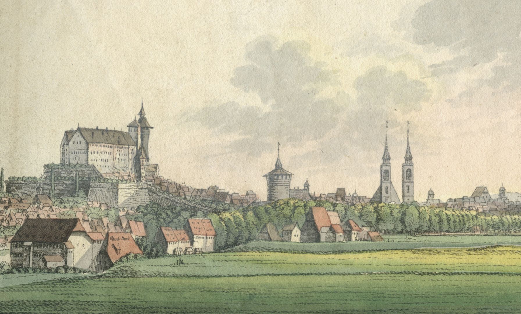 Nürnberg von der Abendseite Detailansicht mit Burg, Neutorturm und Sebalduskirche / vorne links: altes Sebastiansspital