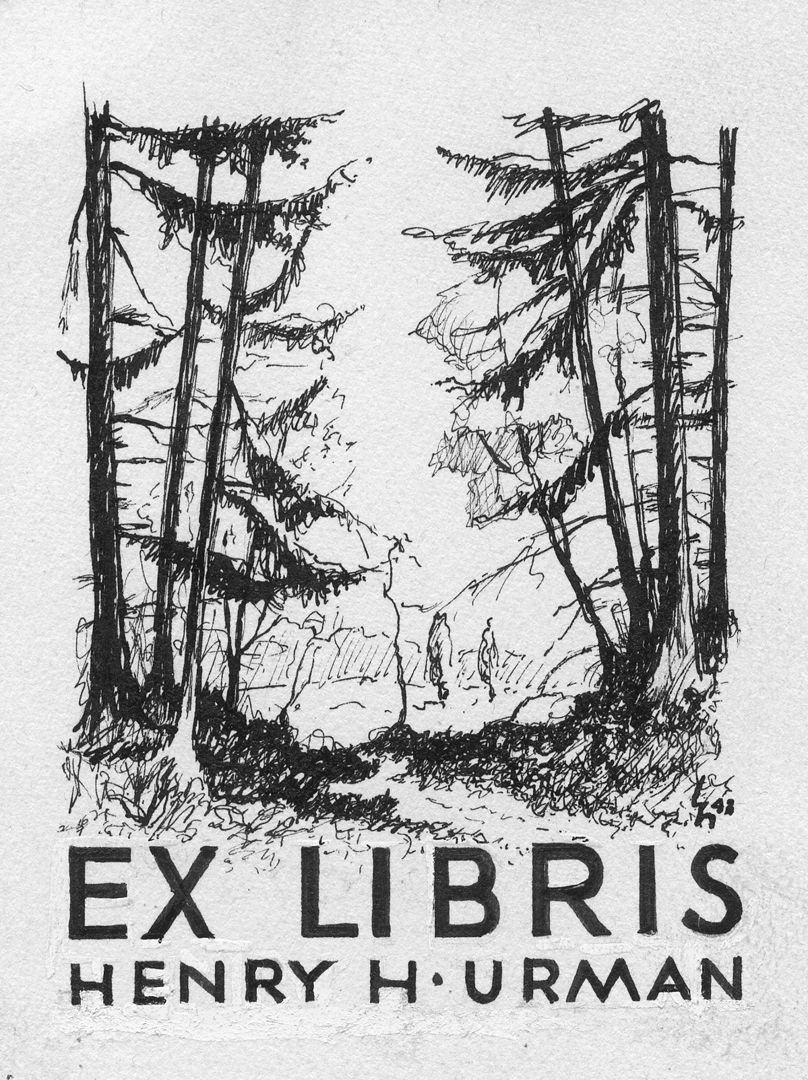 Exlibris für Henry H. Urman Bildmotiv einer Waldlichtung mit dem Schrifzug EX LIBRIS, Henry H. Urman / (9 x 7 cm)