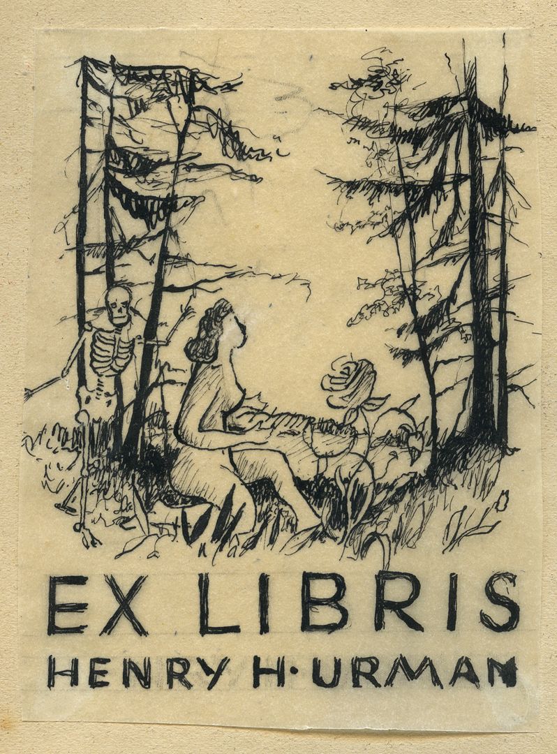 Exlibris für Henry H. Urman Variante auf Transparentpapier (Frau sitzt in einer Waldlichtung, vor Ihr eine Rose, von weiter hinten winkt ein Skelett)