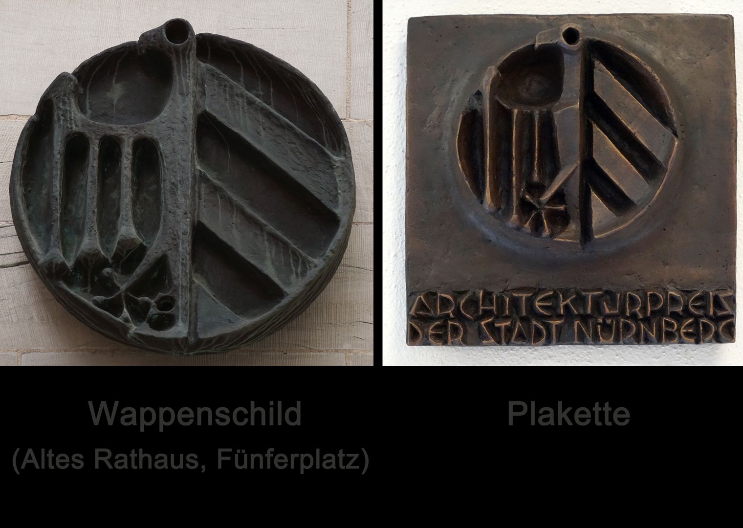 Kleines Stadtwappen am Fünferplatz Bildvergleich: Wappenschild und Plakette des Nürnberger Architekturpreises