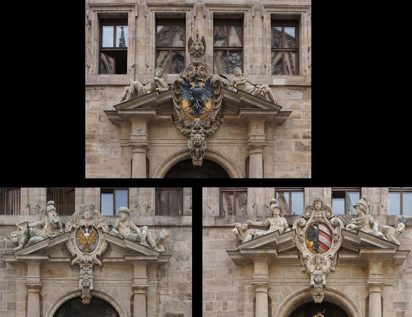 Mittelportal Figurenschmuck und Wappen der Portale